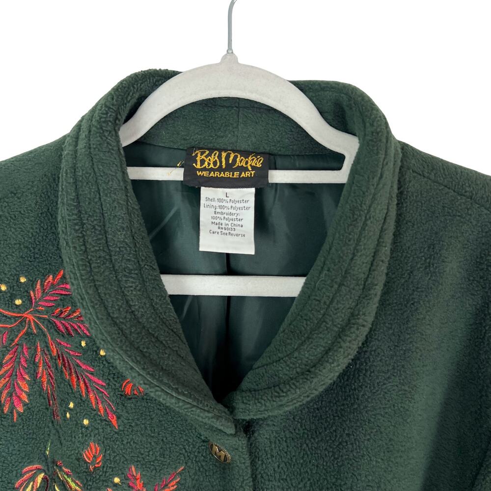 Bob Mackie Embroidered Fleece Jacket Green Button Front Fall Leaves Women’s L - Picture 4 of 6